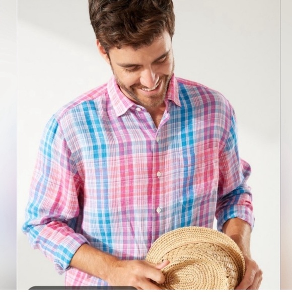 Tommy Bahama Linen Blue and Pink Plaid Button-Down Shirt size medium - Picture 15 of 15